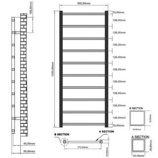 Eastbrook Tuscan Square Multirail Straight Heated Towel Rail - Matt Anthracite - Image 11