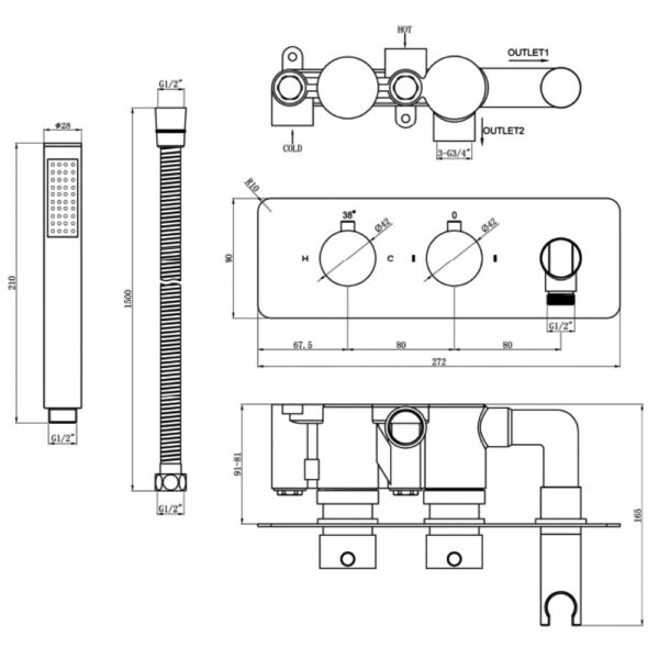 Eastbrook Round Horizontal 2 Outlet Thermostatic Concealed Shower Valve With Handset And Hose - Image 2