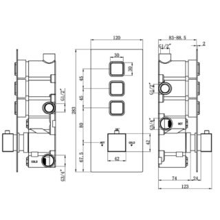 Eastbrook Square 3 Outlet Thermostatic Concealed Shower Valve With Double Push Button - Chrome - Image 2