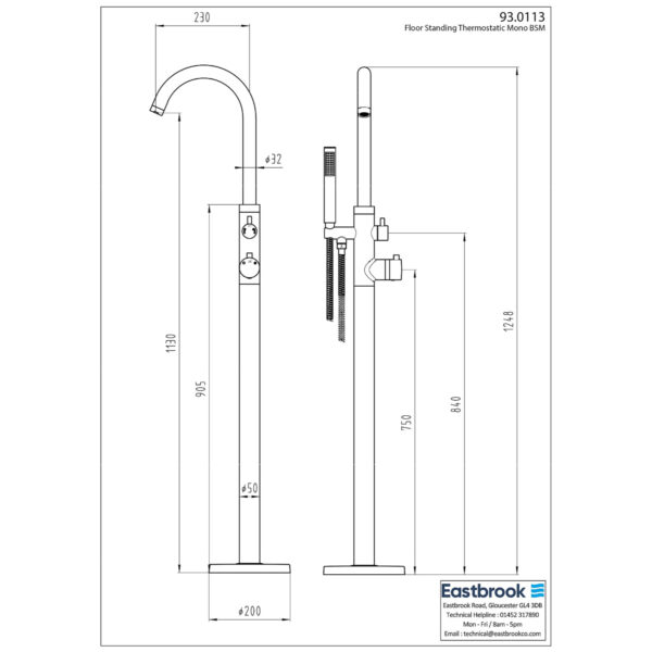 Eastbrook Floorstanding Thermostatic Mono Bath Shower Mixer Tap - Chrome - Image 2