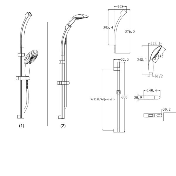 Eastbrook Dual Slide Riser Kit With Multiple Function Shower Handset, Hose - Chrome - Image 2