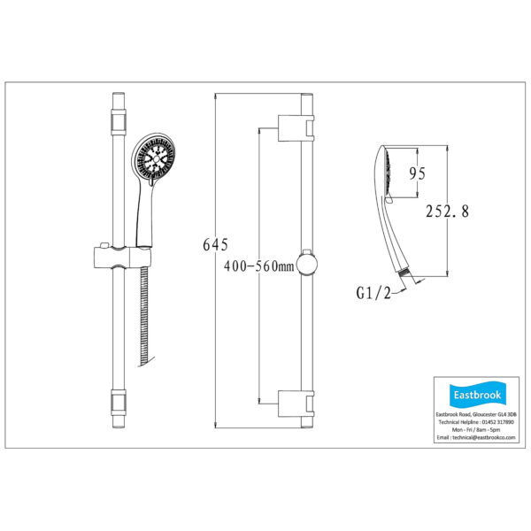 Eastbrook Slim Slide Riser Kit With Shower Handset, Hose And Outlet Elbow - Chrome - Image 2