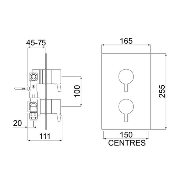 Bristan Prism Recessed Thermostatic Dual Control Shower Valve With Integral Two Outlet Diverter - Chrome - Image 2