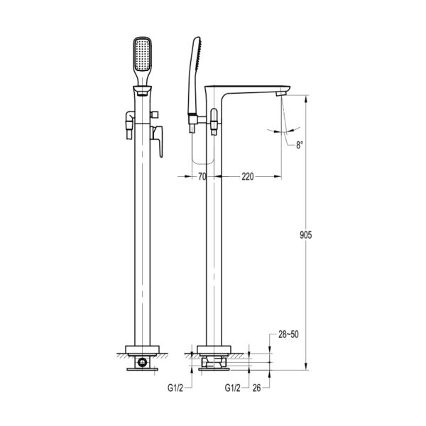 Flova Urban Floor Standing Tall Bath Shower Mixer Tap With Shower Set - Diamond Chrome - Image 2