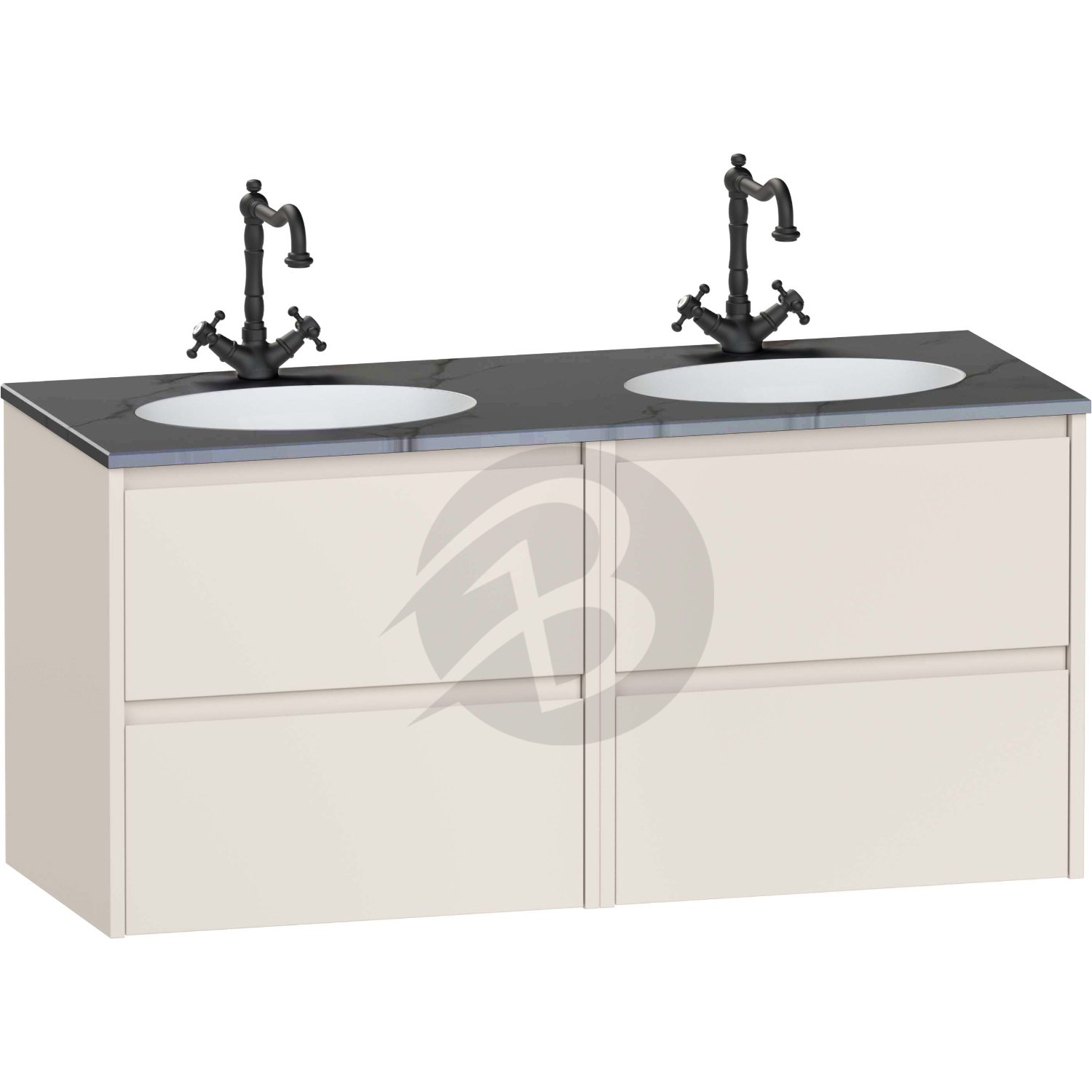 Calypso Selter 4 Drawer Wall Hung Vanity Unit With Calypstone Aura Storm Grey Double Basin – 1200mm Wide – 1 TH - Portland Stone