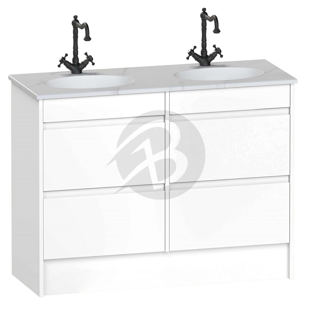 Calypso Selter 4 Drawer Floor Standing Vanity Unit With Calypstone Aura Cirrus White Double Basin – 1200mm Wide – 1 TH - Pearl