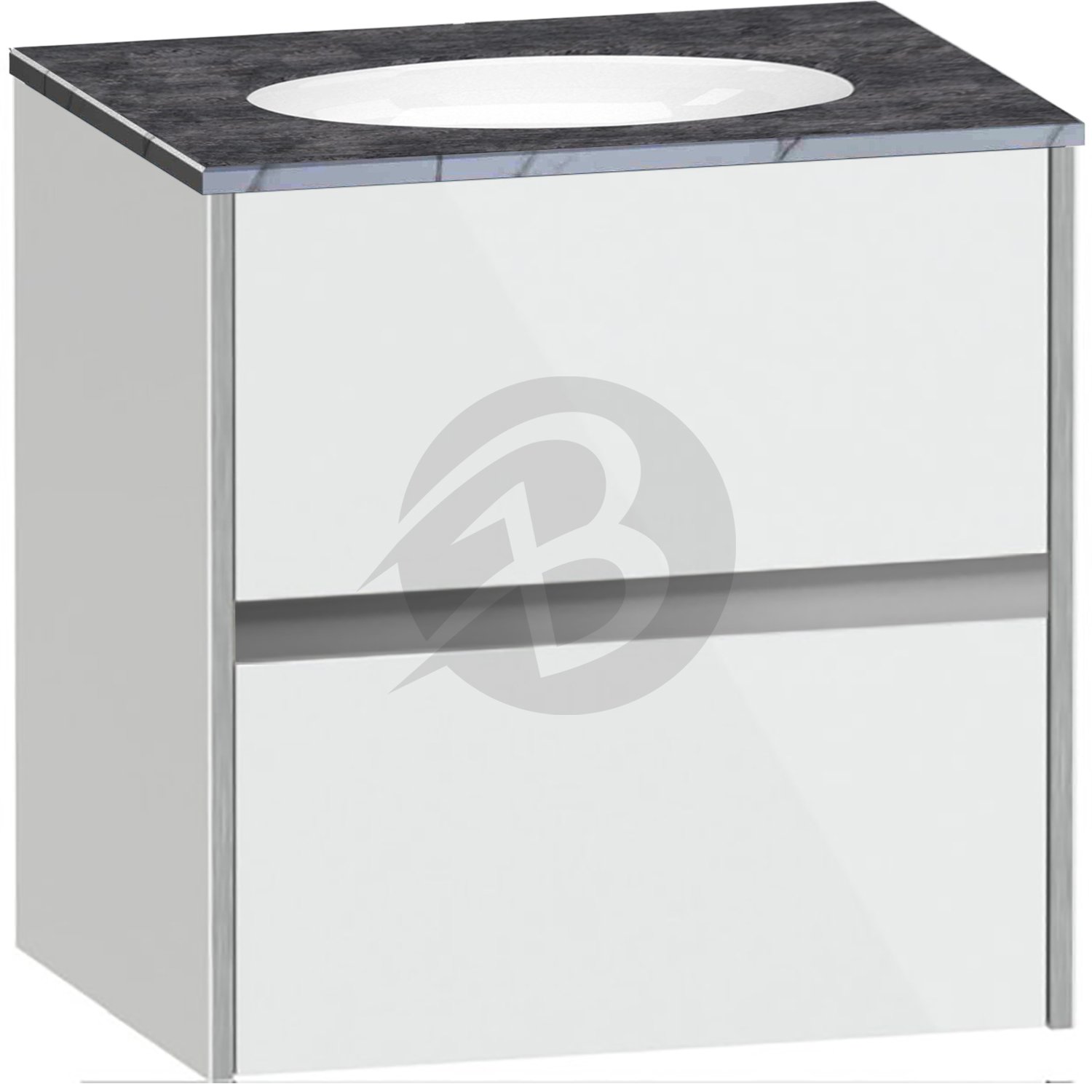 Calypso Bowland 2 Drawer Wall Hung Vanity Unit With Calypstone Aura Storm Grey Basin – 600mm Wide – No TH - Frost White