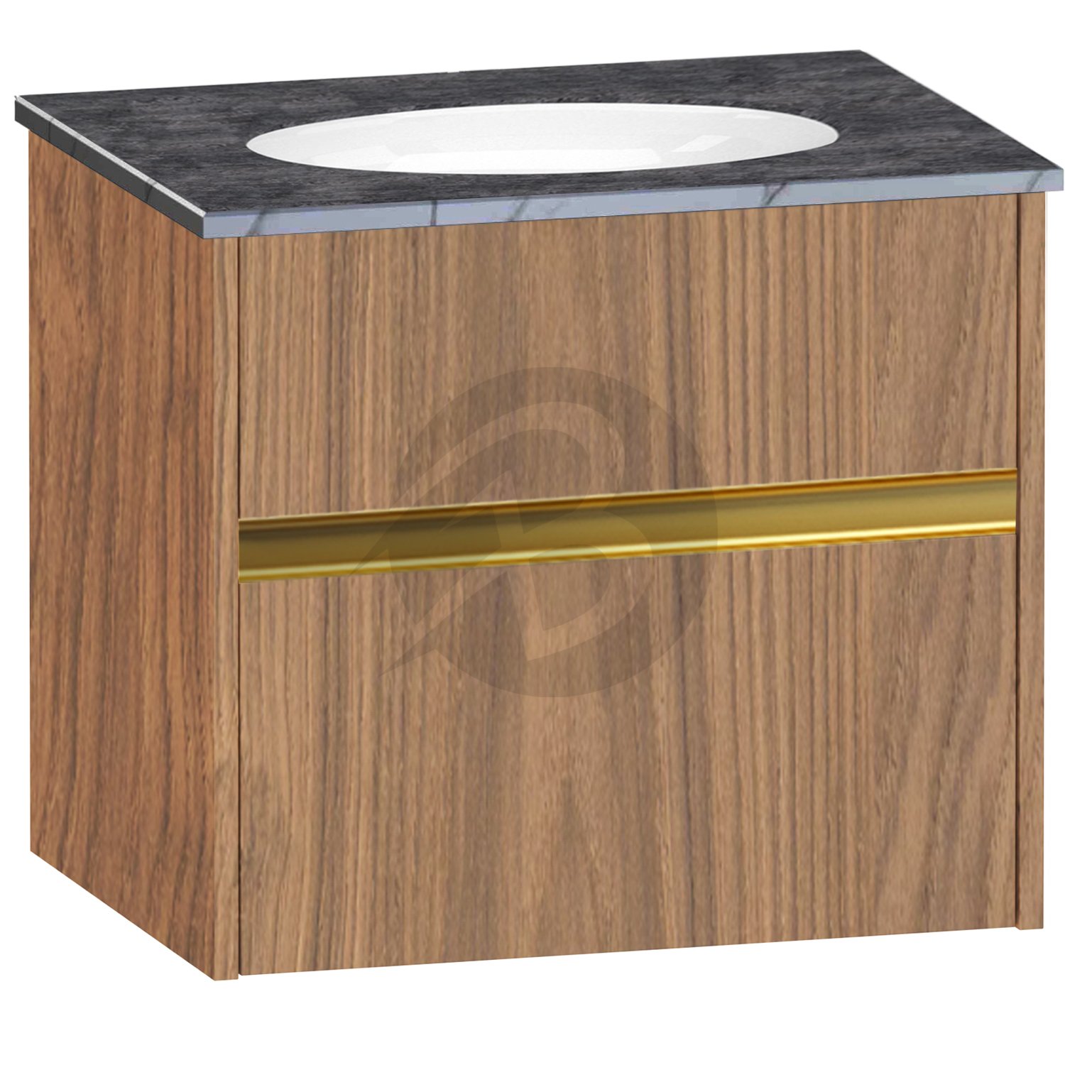 Calypso Bowland 1 Drawer Wall Hung Vanity Unit With Calypstone Aura Storm Grey Basin – 600mm Wide – No TH - Weathered Oak