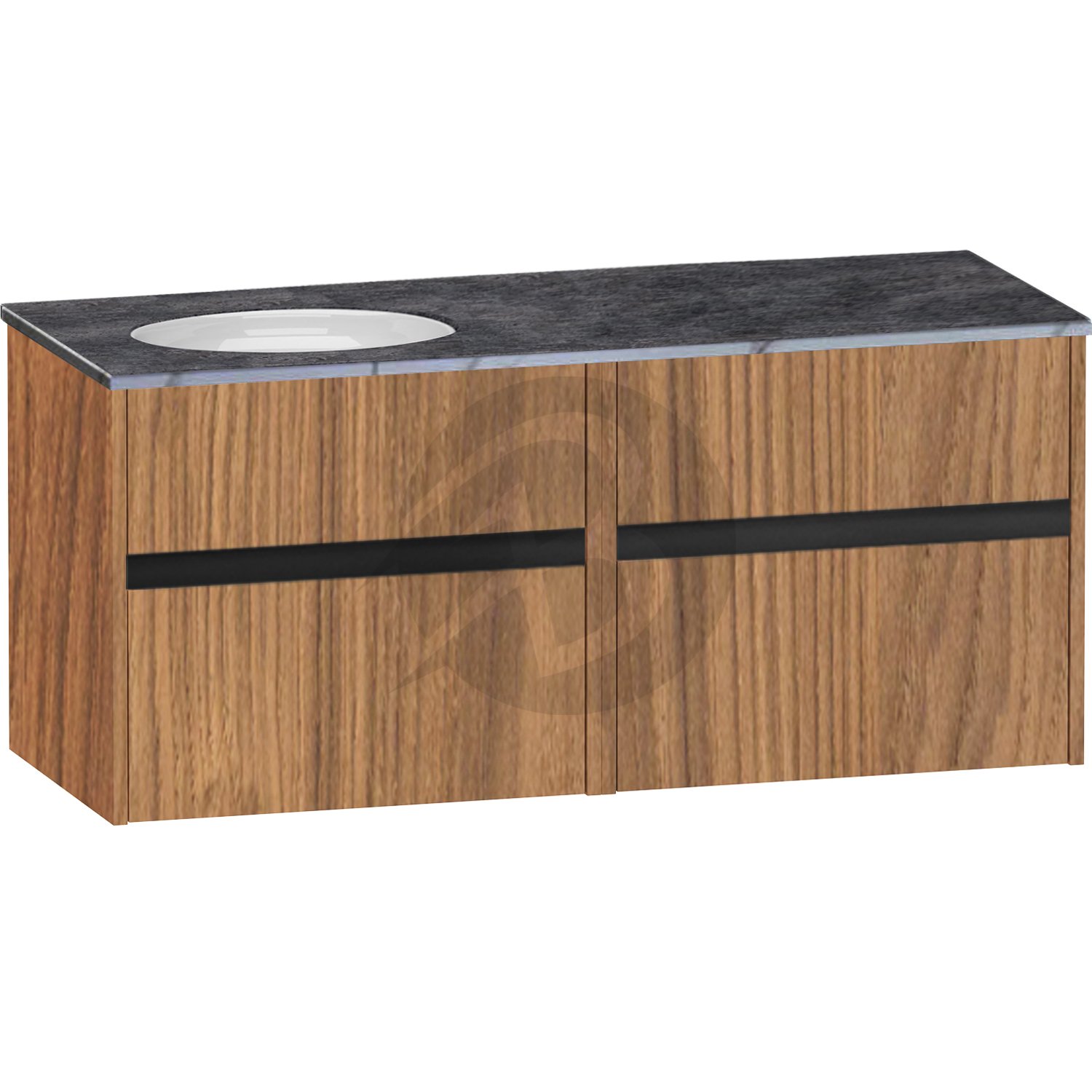 Calypso Bowland 2 Drawer Wall Hung Vanity Unit With Calypstone Aura Storm Grey Basin – 1200mm Wide – No TH – LH - Weathered Oak