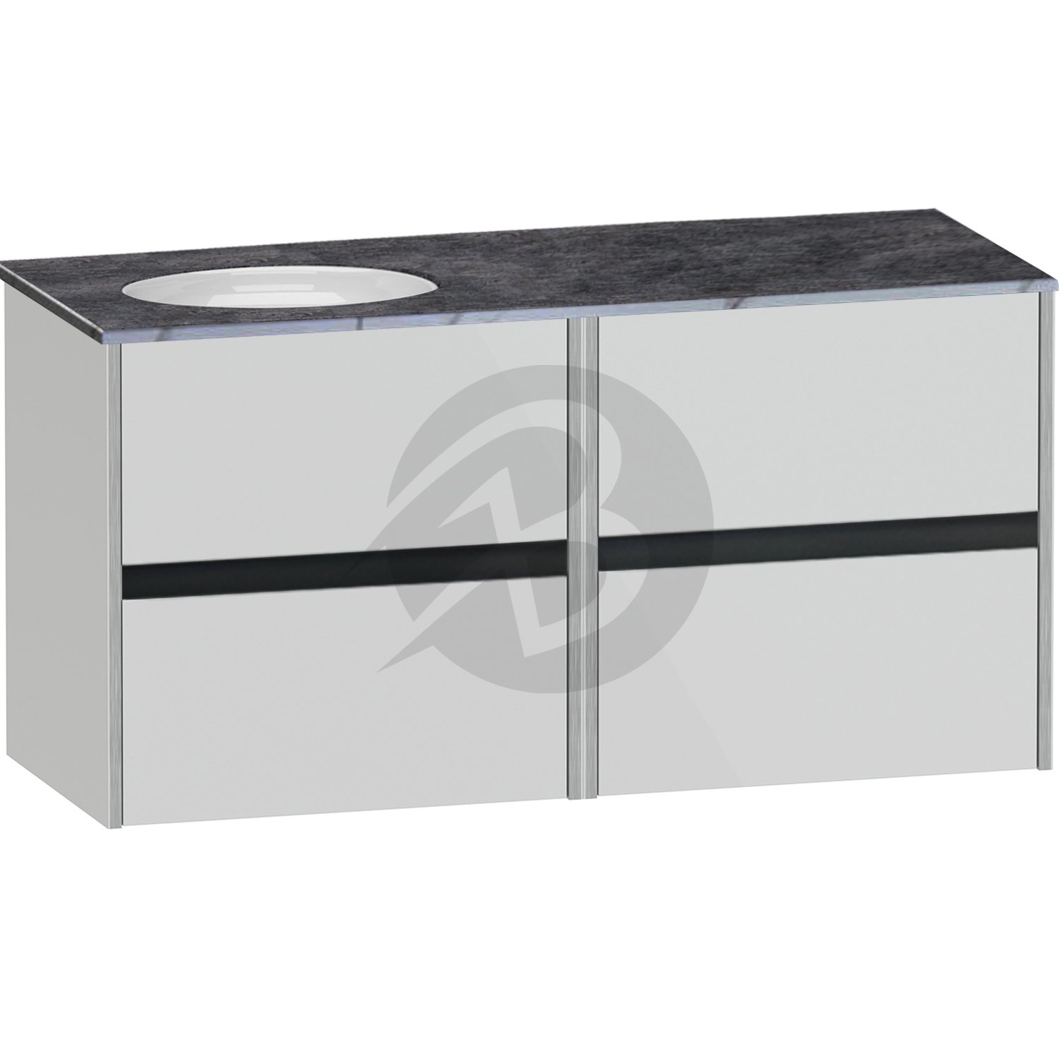 Calypso Bowland 4 Drawer Wall Hung Vanity Unit With Calypstone Aura Storm Grey Basin – 1200mm Wide – No TH – LH - Frost Grey
