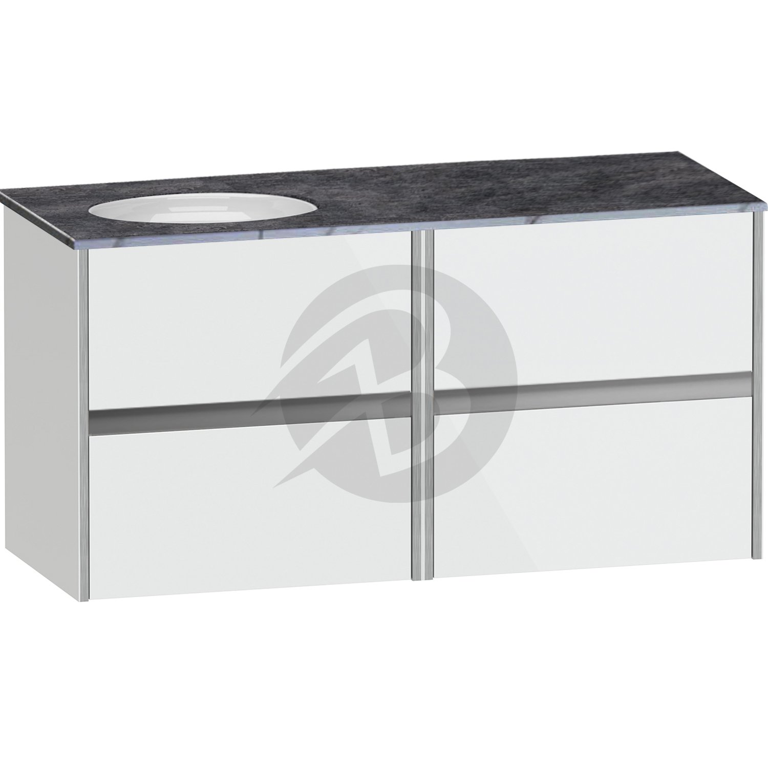 Calypso Bowland 4 Drawer Wall Hung Vanity Unit With Calypstone Aura Storm Grey Basin – 1200mm Wide – No TH – LH - Frost White