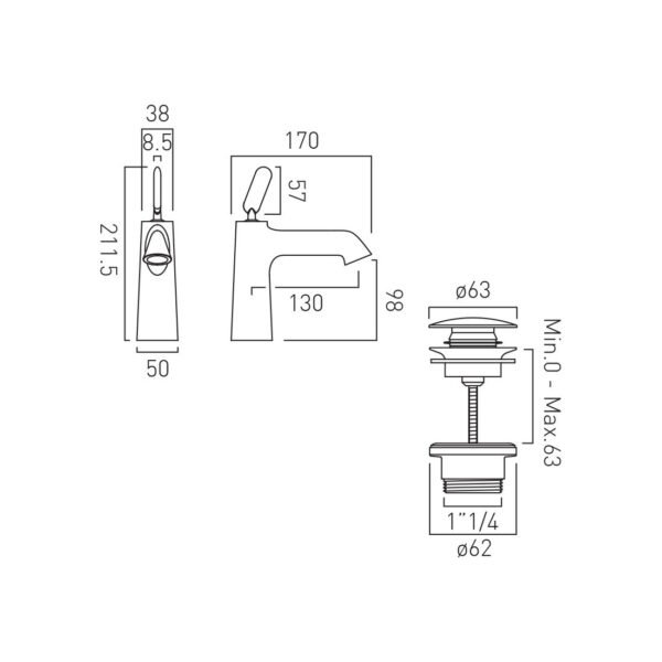 Vado Arrondi Deck Mounted Mono Basin Mixer Tap with Universal Basin Waste - Chrome - Image 6