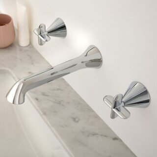 Vado Arrondi Wall Mounted 3 Hole Basin Mixer Tap With Crosshead Handle - Chrome - Image 4