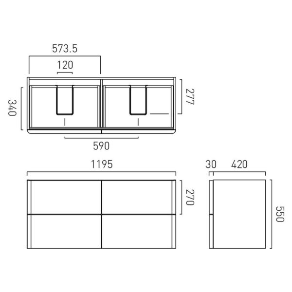 Vado Cameo 4 Drawer Wall Hung Vanity Unit and Worktop And Round Double Basin - 1200mm Wide - Image 3