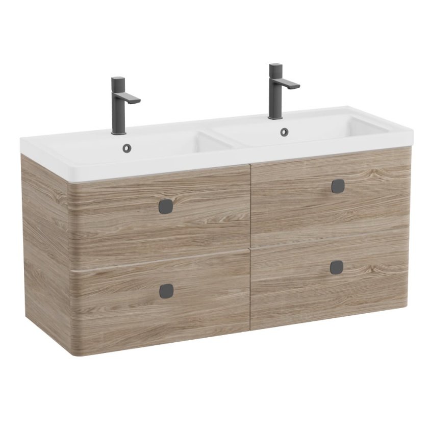 Vado Cameo 4 Drawer Wall Hung Vanity Unit and Gloss White Double Basin – 1200mm Wide - Natural Oak