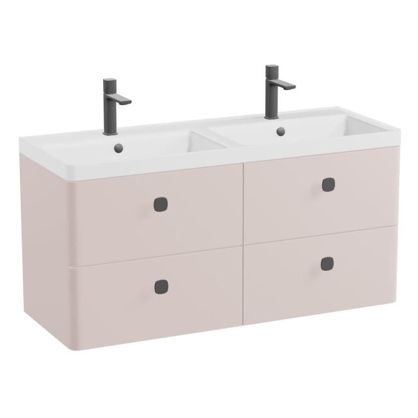 Vado Cameo 4 Drawer Wall Hung Vanity Unit and Gloss White Double Basin – 1200mm Wide - Pink Clay