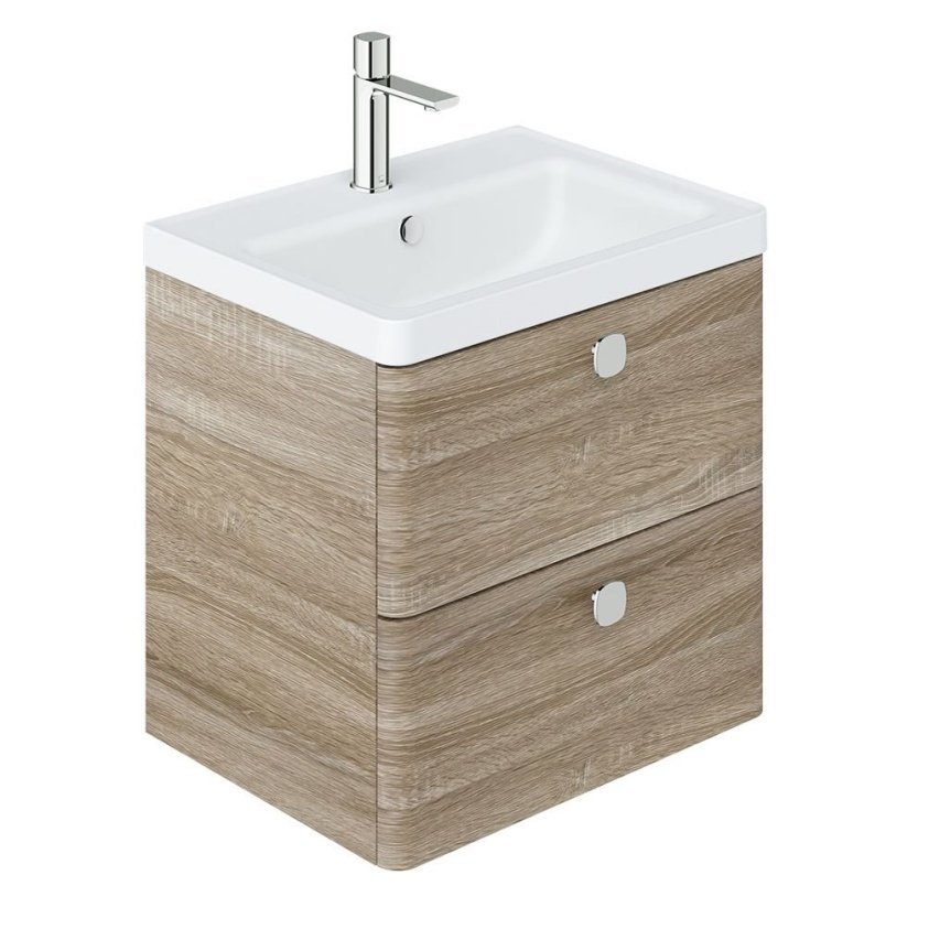 Vado Cameo 2 Drawer Wall Hung Vanity Unit and Basin – 600mm Wide - Natural Oak