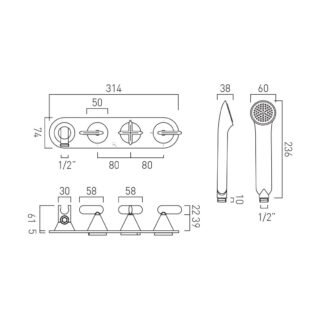 Vado Tablet Arrondi 1 Outlet 3 Handle Concealed Thermostatic Shower Valve with All Flow for Showering, Integrated Outlet and Handset - Image 5