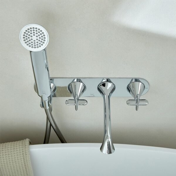 Vado Tablet Arrondi Wall Mounted Thermostatic Bath Shower Mixer Tap With Crosshead Handle And Integrated Outlet And Handset - Chrome - Image 2