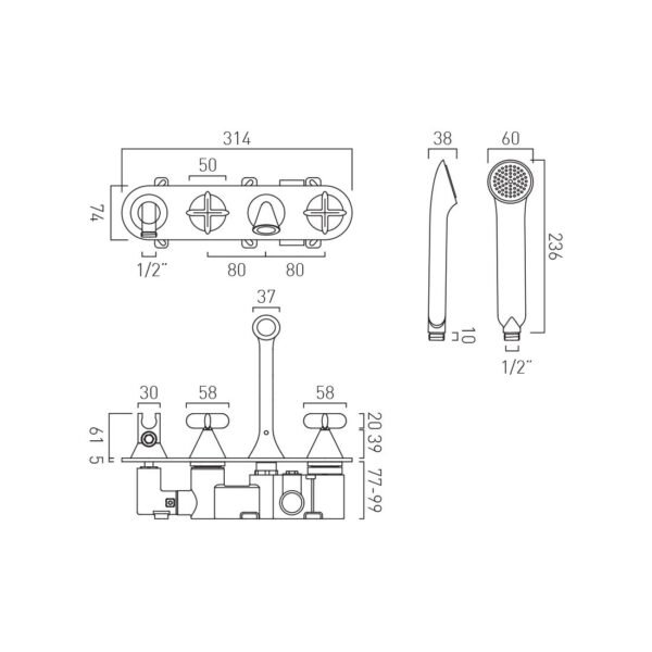 Vado Tablet Arrondi Wall Mounted Thermostatic Bath Shower Mixer Tap With Crosshead Handle And Integrated Outlet And Handset - Chrome - Image 5