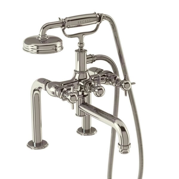 Burlington Arcade Wall Mounted Bath Shower Mixer Tap With Hose, Handset And Brass Crosshead Handles - Nickel