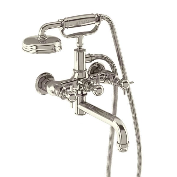 Burlington Arcade Bath Shower Mixer Tap With Brass Crosshead Handles And Hose, Handset - Chrome