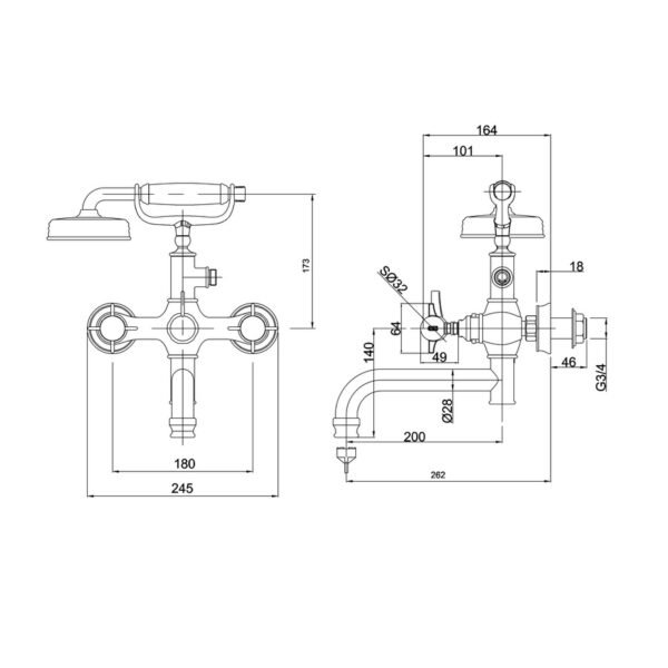 Burlington Arcade Bath Shower Mixer Tap With Brass Crosshead Handles And Hose, Handset - Chrome - Image 2