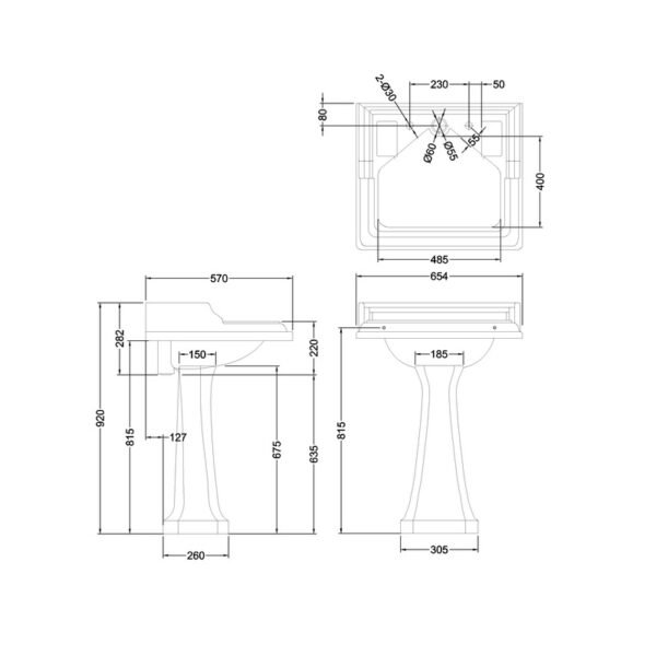 Burlington Classic Basin With Full Pedestal And Invisible Overflow - 650mm Wide - 2 TH - Gloss White - Image 2