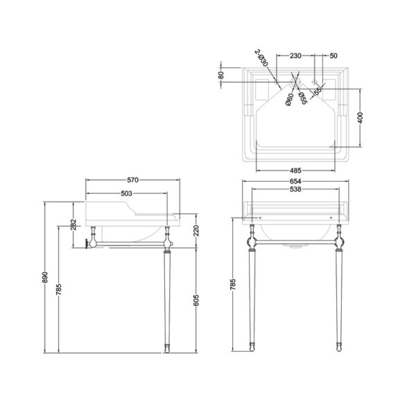 Burlington Classic Basin With Washstand - 650mm Wide - 2 TH - Gloss White - Image 2