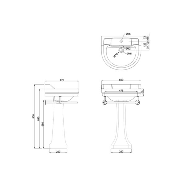 Burlington Edwardian Round Basin With Full Pedestal And Towel Rail - 560mm Wide - White - Image 2