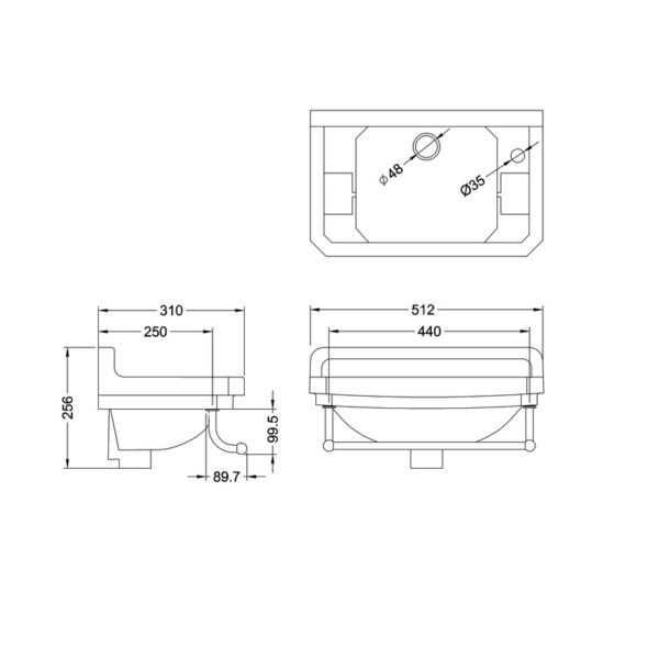 Burlington Edwardian Wall Hung Basin With Towel Rail - 512mm Wide - Gloss White - Image 3