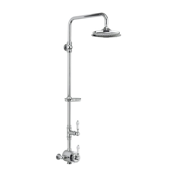 Burlington Thermostatic 1 Outlet Exposed Shower Valve With Rigid Riser, Fixed Shower Arm, Soap Basket And Shower Head - Chrome/White