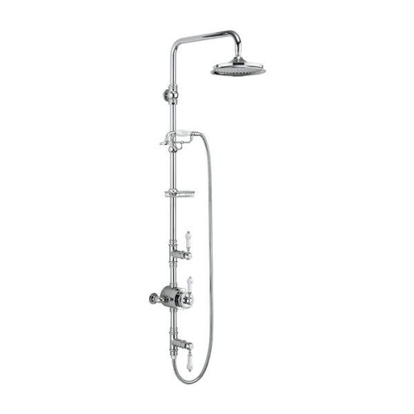 Burlington Thermostatic 2 Outlet Exposed Shower Valve With Rigid Riser, Fixed Shower Arm, Handset,Soap Basket And Shower Head - Chrome/White