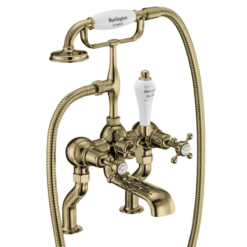 Burlington Claremont Deck Mounted Quarter Turn Bath Shower Mixer Tap - Gold/White