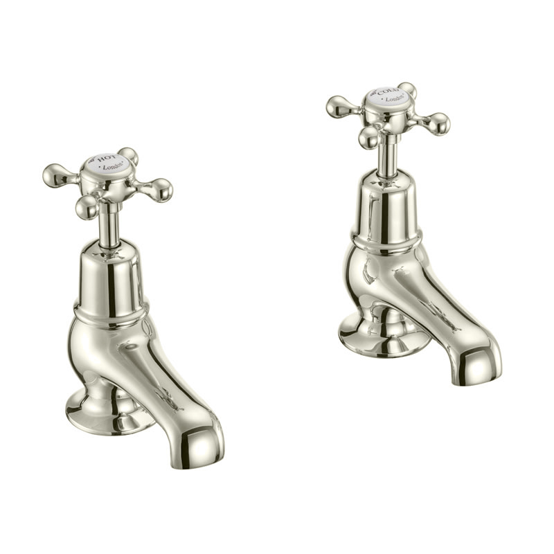 Burlington Claremont Cloakroom Quarter Turn Basin Pillar Taps - Nickel/White