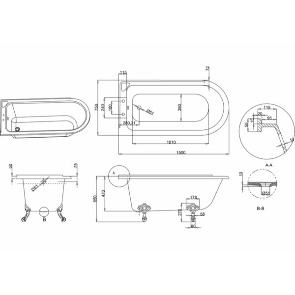 Burlington Hampton Single Ended Bath With Bath Feet - 1500mm x 750mm - Gloss White - Image 2