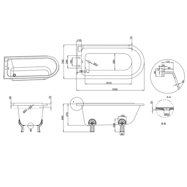 Burlington Hampton Single Ended Bath With Bath Feet - 1500mm x 750mm - Gloss White - Image 3