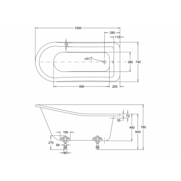 Burlington Buckingham Slipper Bath With Bath Feet - 1500mm x 750mm - Gloss White - Image 3