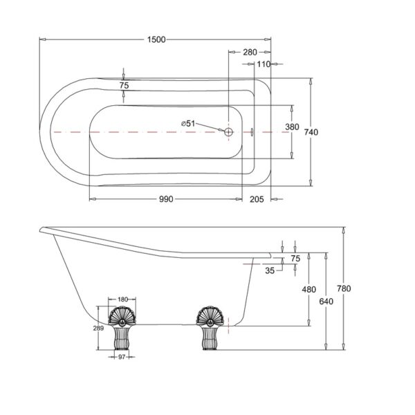 Burlington Buckingham Slipper Bath With Bath Feet - 1500mm x 750mm - Gloss White - Image 5