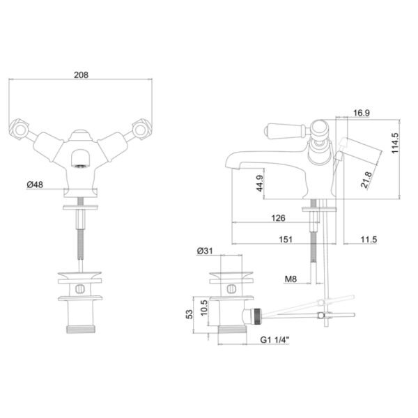 Burlington Anglesey 3 TH Basin Mixer Tap With Pop Up Waste - Image 3