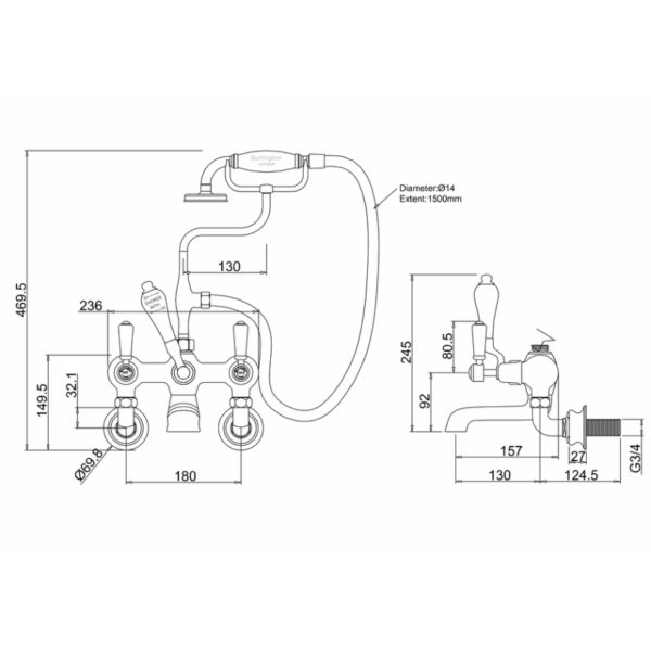 Burlington Kensington Wall Mounted Quarter Turn Regent Bath Shower Mixer Tap - Image 3