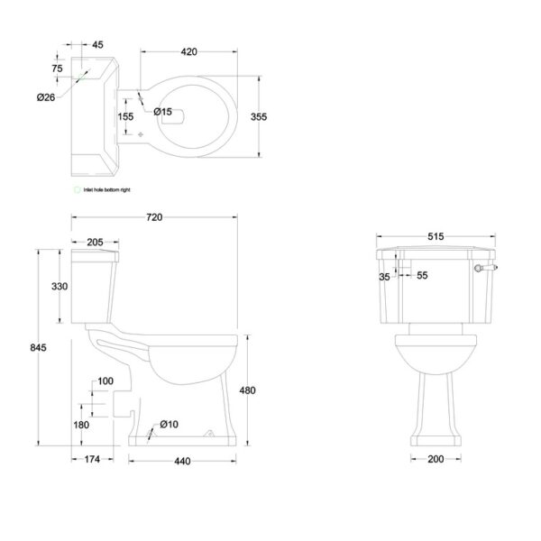 Burlington Regal Close Coupled Toilet With Ceramic Lever Cistern - Gloss White - Image 2