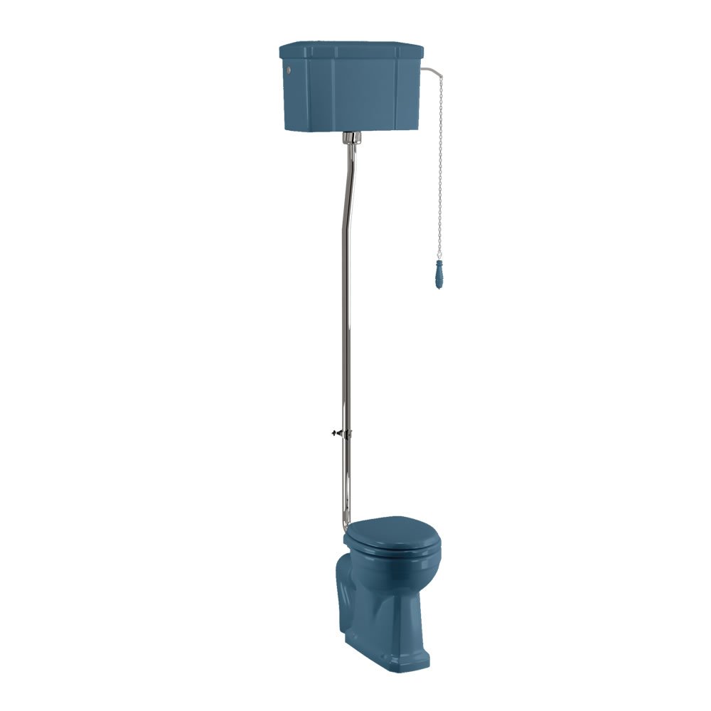 Burlington Standard High Level Toilet With Single Flush Cistern And Chrome Flush Pipe kit - Alaska Blue