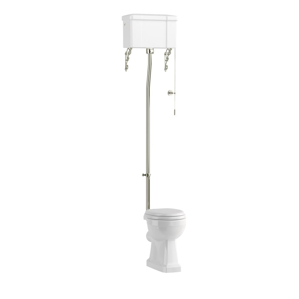 Burlington Standard High Level Toilet With Cistern And Flush Pipe kit – Gloss White - Nickel