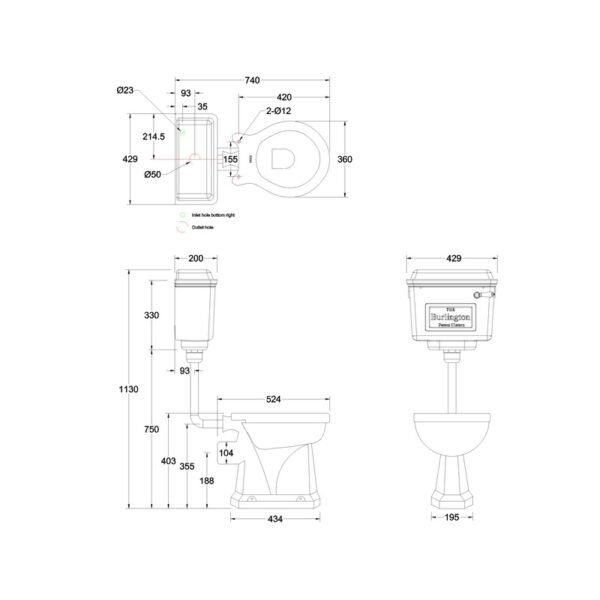 Burlington Standard Low Level Toilet With Aluminium Cistern And Chrome Flush Pipe kit - Gloss White - Image 2