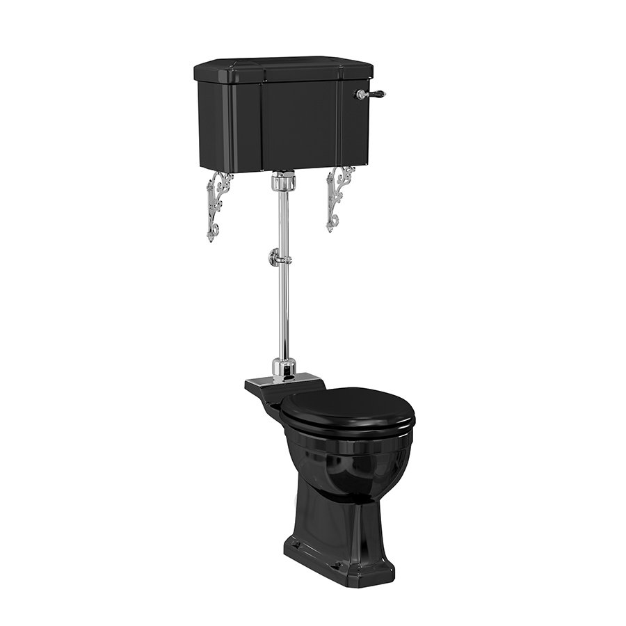 Burlington Standard Medium Level Toilet With Cistern And Flush Pipe Kit - Jet Black