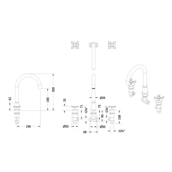 Burlington Riviera 3 Hole Bath Filler Tap - Image 2