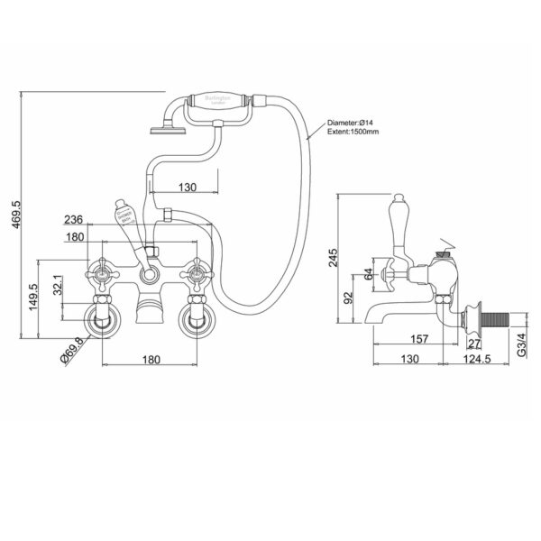 Burlington Anglesey Wall Mounted Quarter Turn Regent Bath Shower Mixer Tap - Image 3