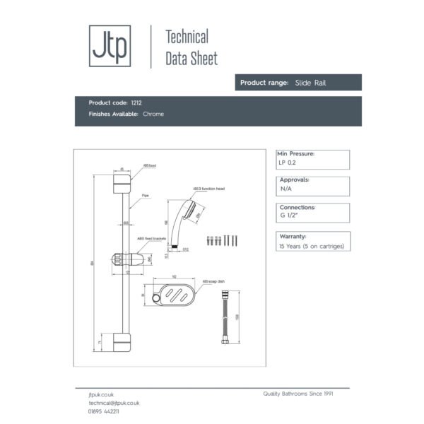 JTP Jet Shower Rail Kit & Single Function Handset Chrome - Image 2