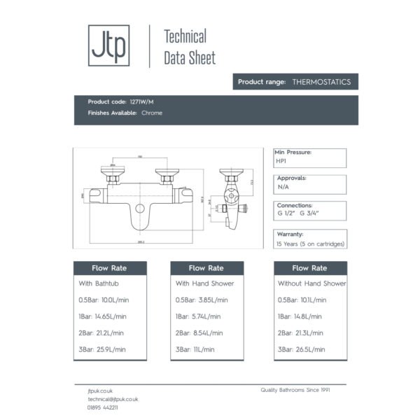JTP Contract Pillar Mounted Thermostatic Bath Shower Mixer Tap Chrome